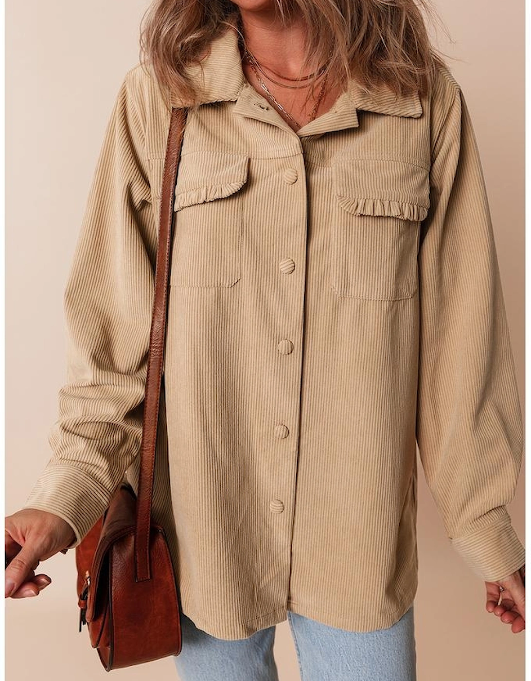 Light French Beige Solid Frilled Flap Pocket Button Up Corduroy Shacket