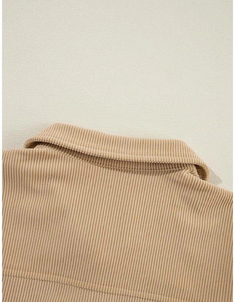 Light French Beige Solid Frilled Flap Pocket Button Up Corduroy Shacket