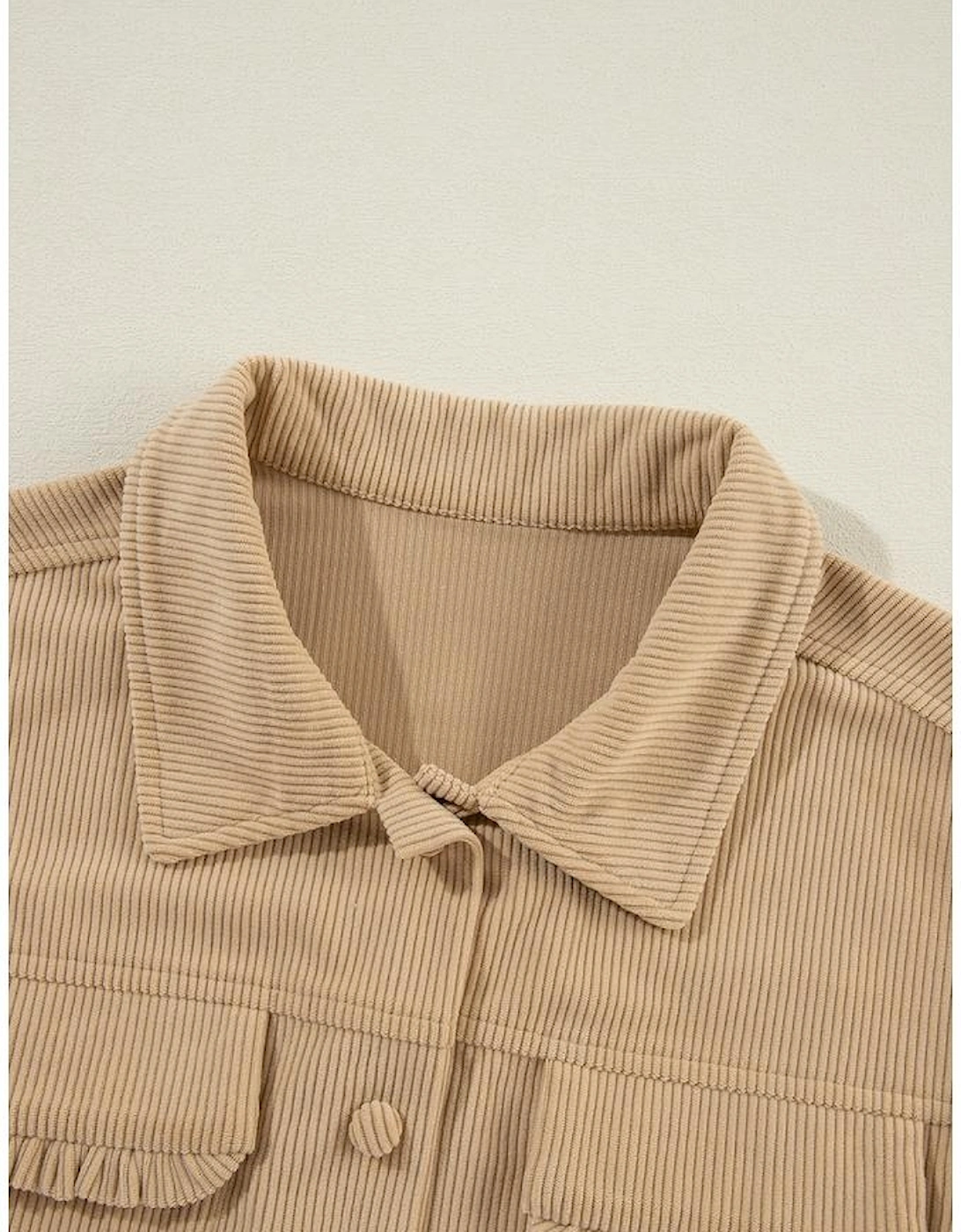 Light French Beige Solid Frilled Flap Pocket Button Up Corduroy Shacket