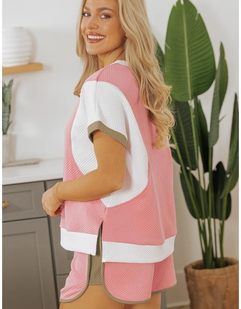 Pink Textured Colorblock Patchwork Tee Two Piece Shorts Set