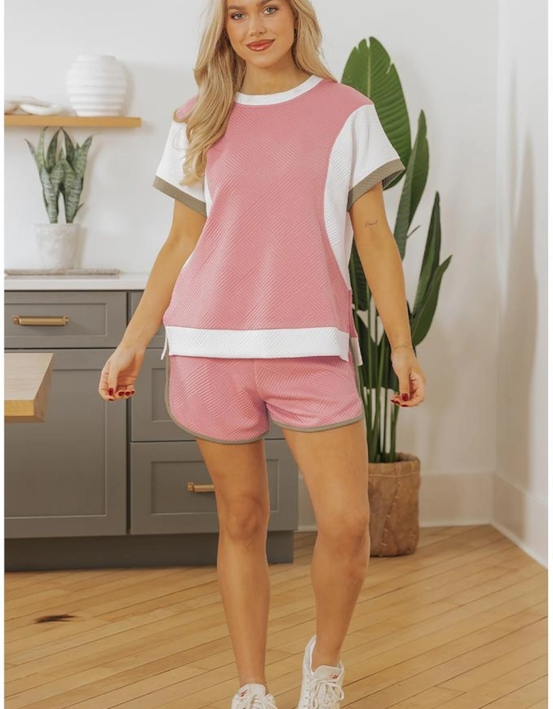 Pink Textured Colorblock Patchwork Tee Two Piece Shorts Set