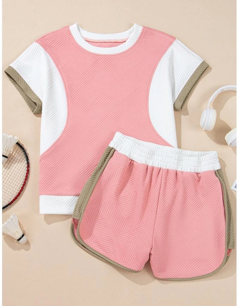 Pink Textured Colorblock Patchwork Tee Two Piece Shorts Set