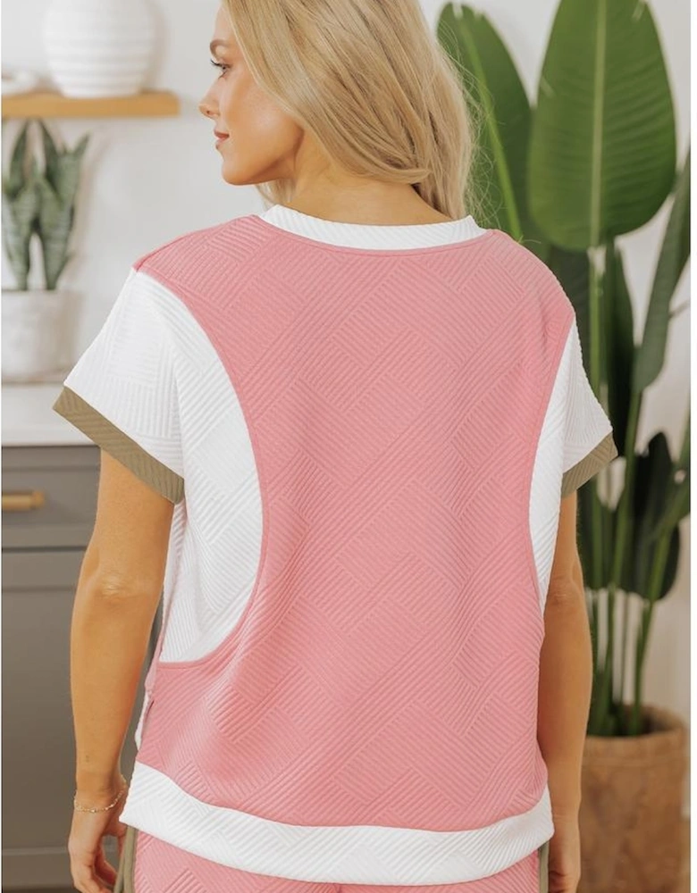 Pink Textured Colorblock Patchwork Tee Two Piece Shorts Set