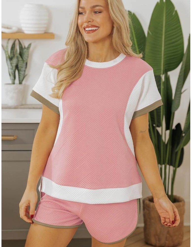 Pink Textured Colorblock Patchwork Tee Two Piece Shorts Set