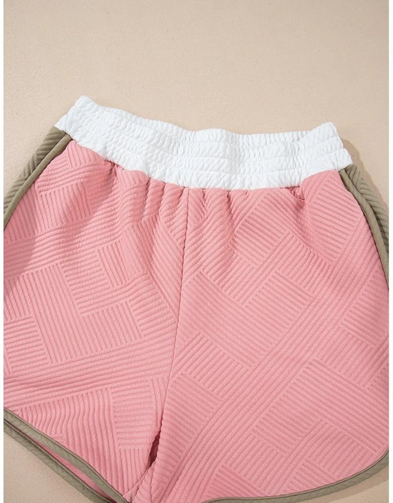 Pink Textured Colorblock Patchwork Tee Two Piece Shorts Set