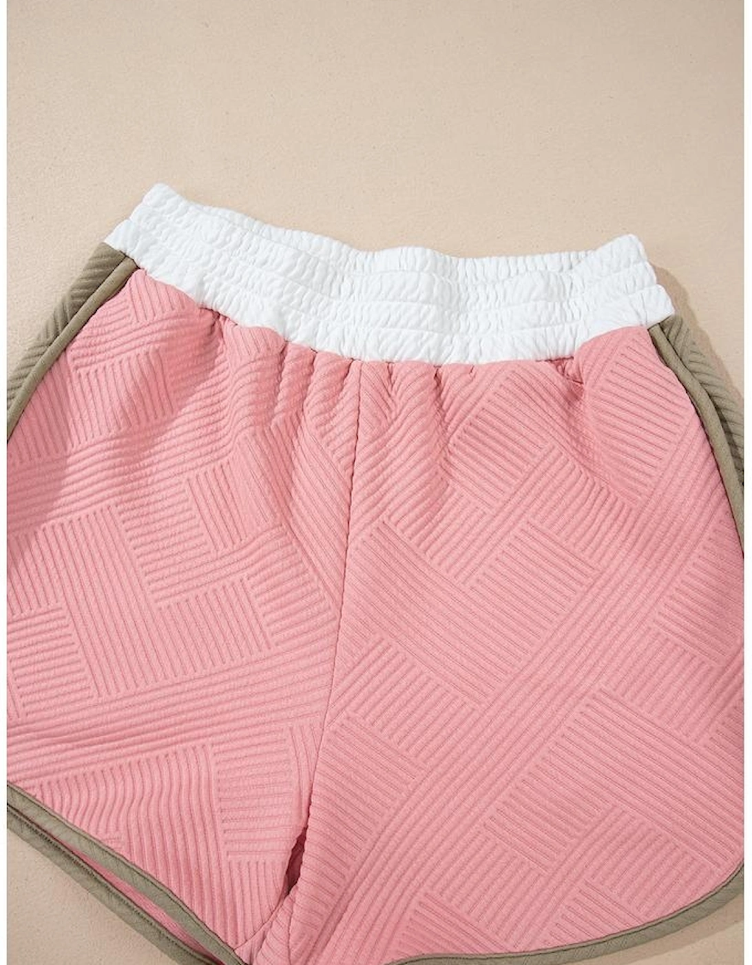 Pink Textured Colorblock Patchwork Tee Two Piece Shorts Set