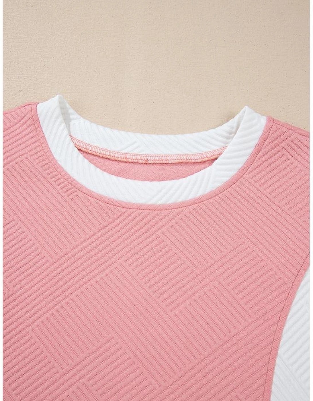 Pink Textured Colorblock Patchwork Tee Two Piece Shorts Set