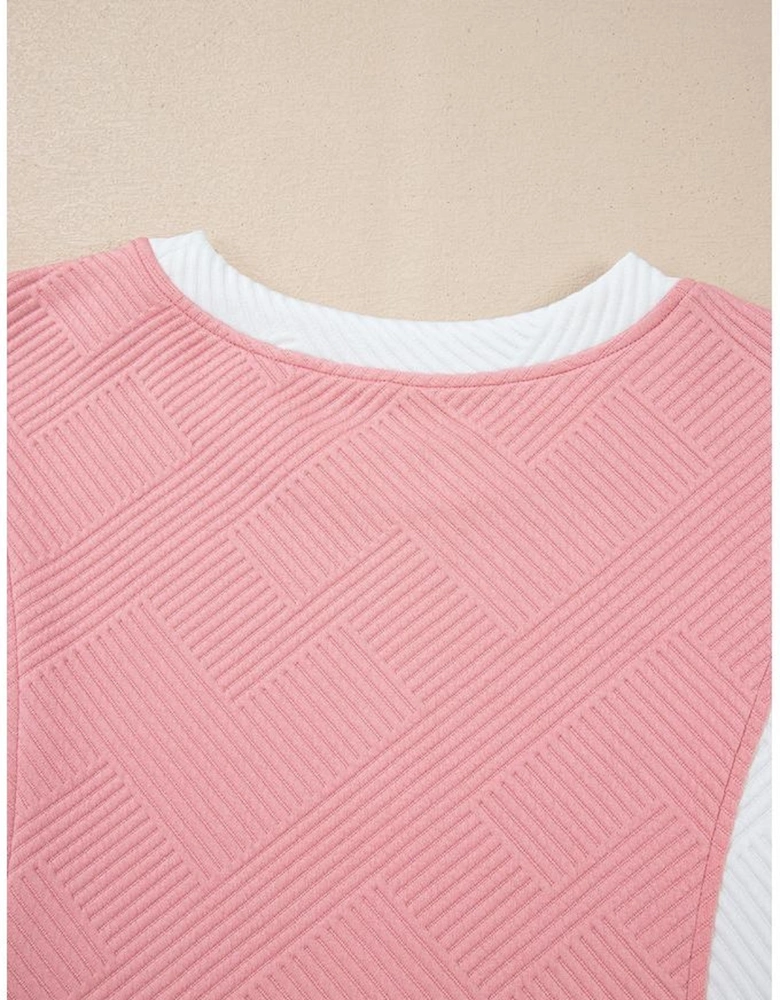 Pink Textured Colorblock Patchwork Tee Two Piece Shorts Set