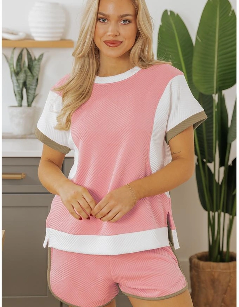 Pink Textured Colorblock Patchwork Tee Two Piece Shorts Set