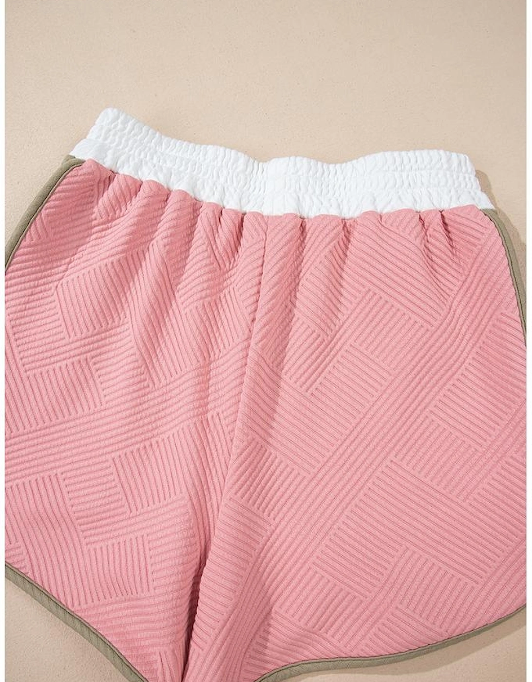 Pink Textured Colorblock Patchwork Tee Two Piece Shorts Set