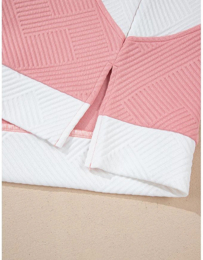 Pink Textured Colorblock Patchwork Tee Two Piece Shorts Set