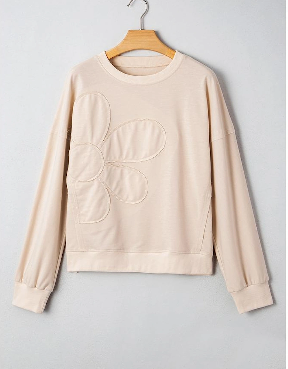 Beige Raw Edge Flower Patch Drop Shoulder Casual Top