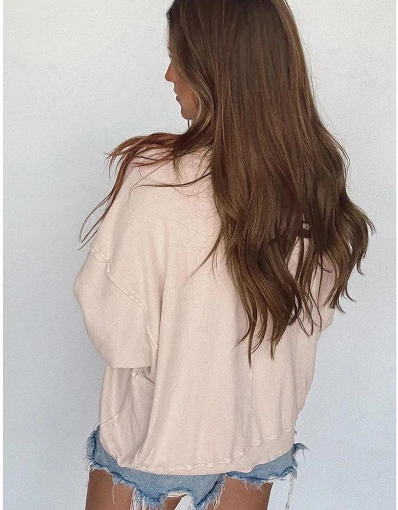 Beige Raw Edge Flower Patch Drop Shoulder Casual Top