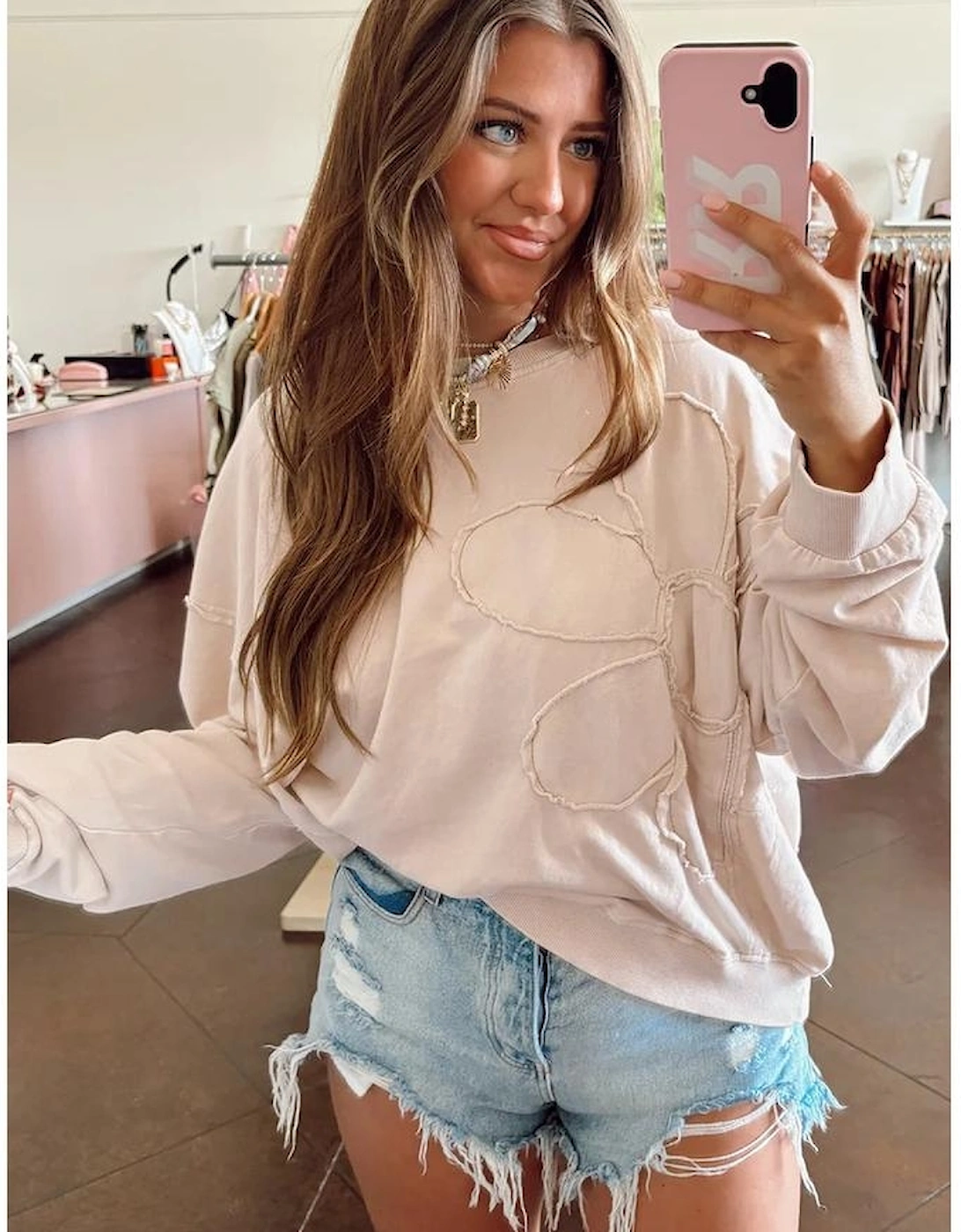 Beige Raw Edge Flower Patch Drop Shoulder Casual Top