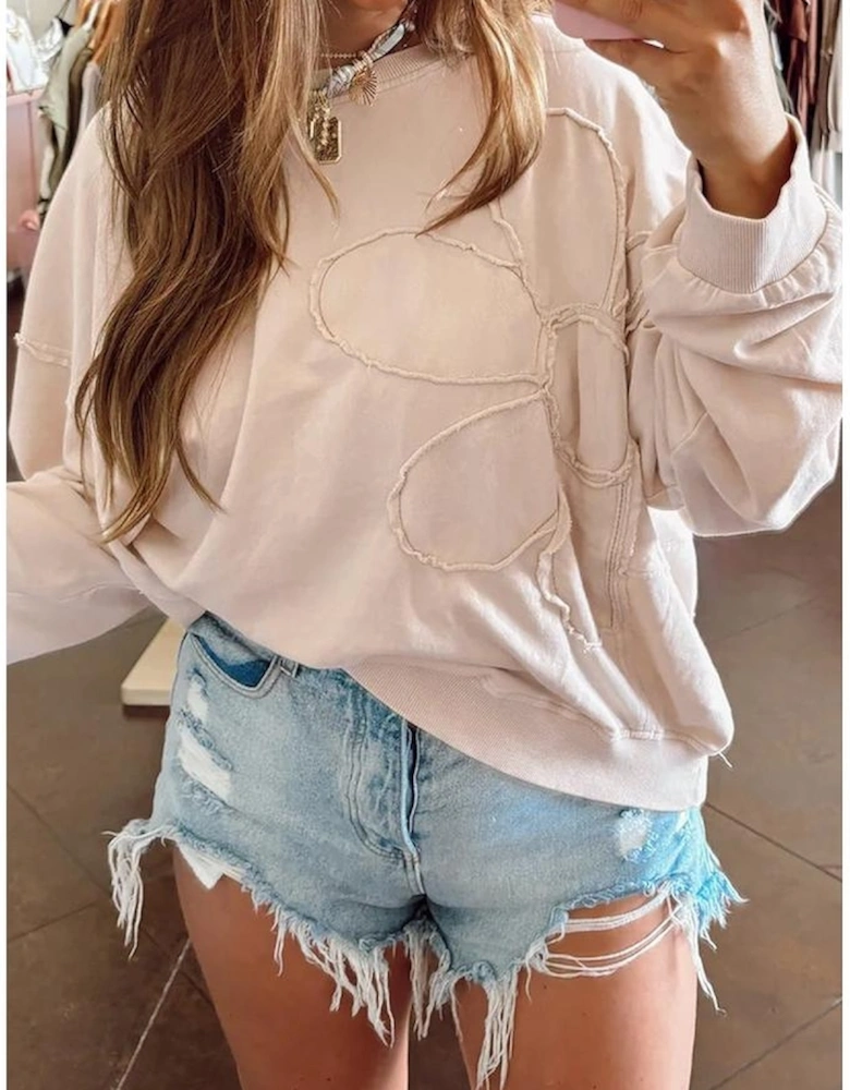 Beige Raw Edge Flower Patch Drop Shoulder Casual Top