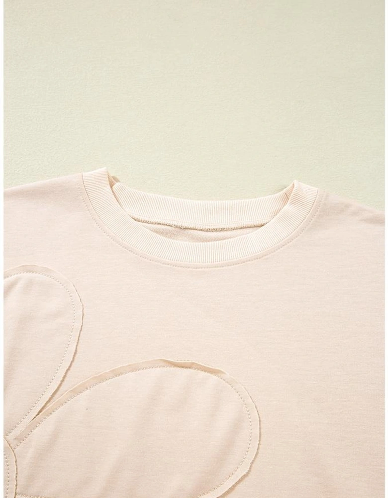 Beige Raw Edge Flower Patch Drop Shoulder Casual Top