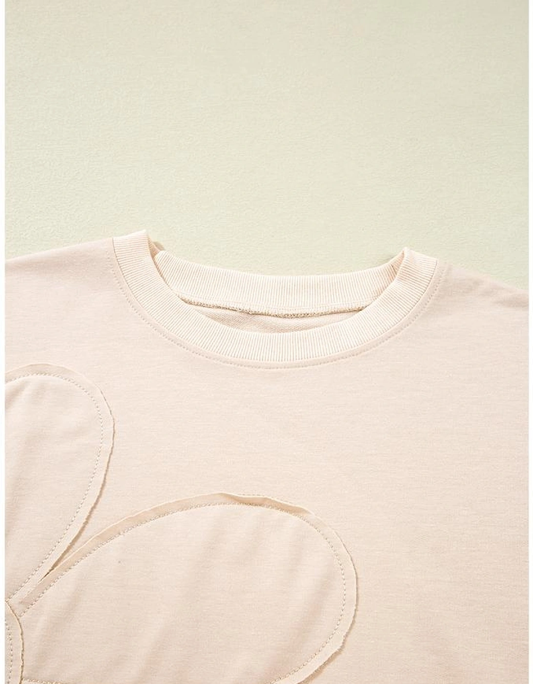 Beige Raw Edge Flower Patch Drop Shoulder Casual Top