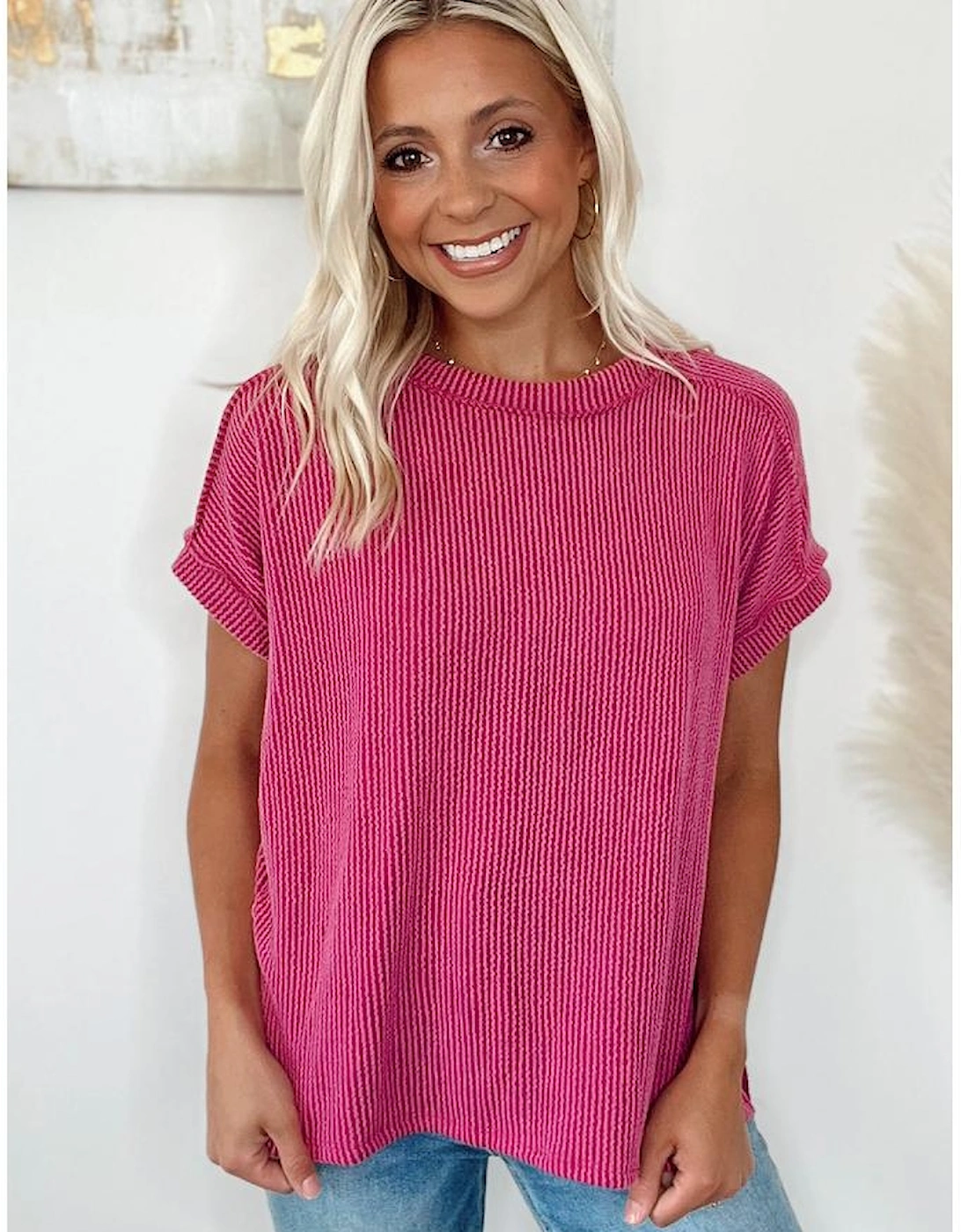 Rose Red Textured Knit Exposed Stitching T-shirt, 7 of 6