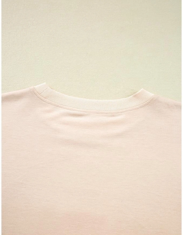 Beige Raw Edge Flower Patch Drop Shoulder Casual Top