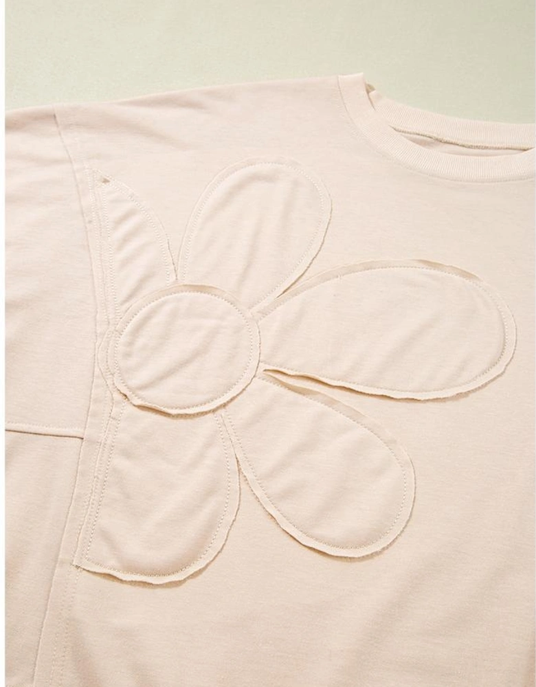 Beige Raw Edge Flower Patch Drop Shoulder Casual Top