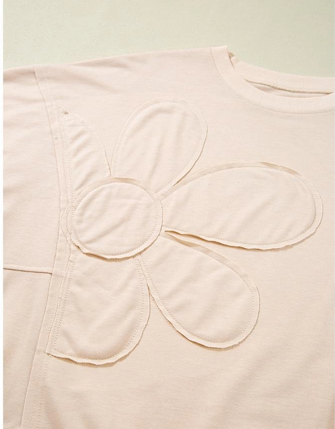 Beige Raw Edge Flower Patch Drop Shoulder Casual Top