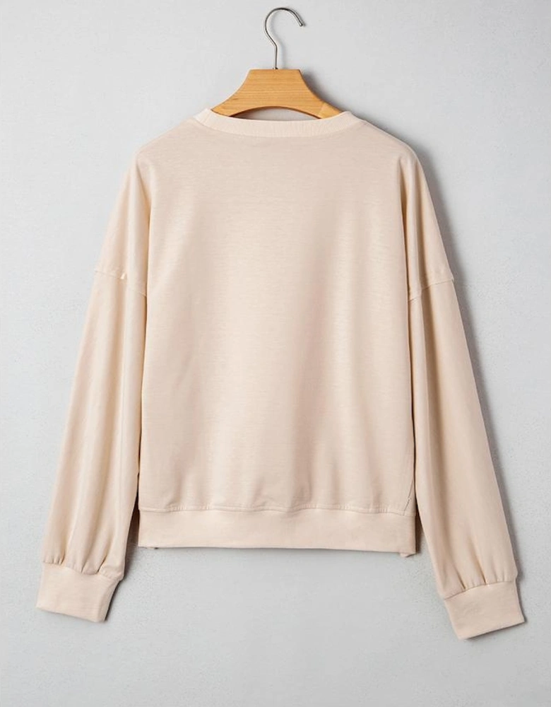 Beige Raw Edge Flower Patch Drop Shoulder Casual Top