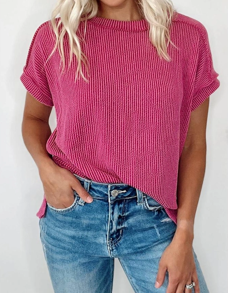Rose Red Textured Knit Exposed Stitching T-shirt