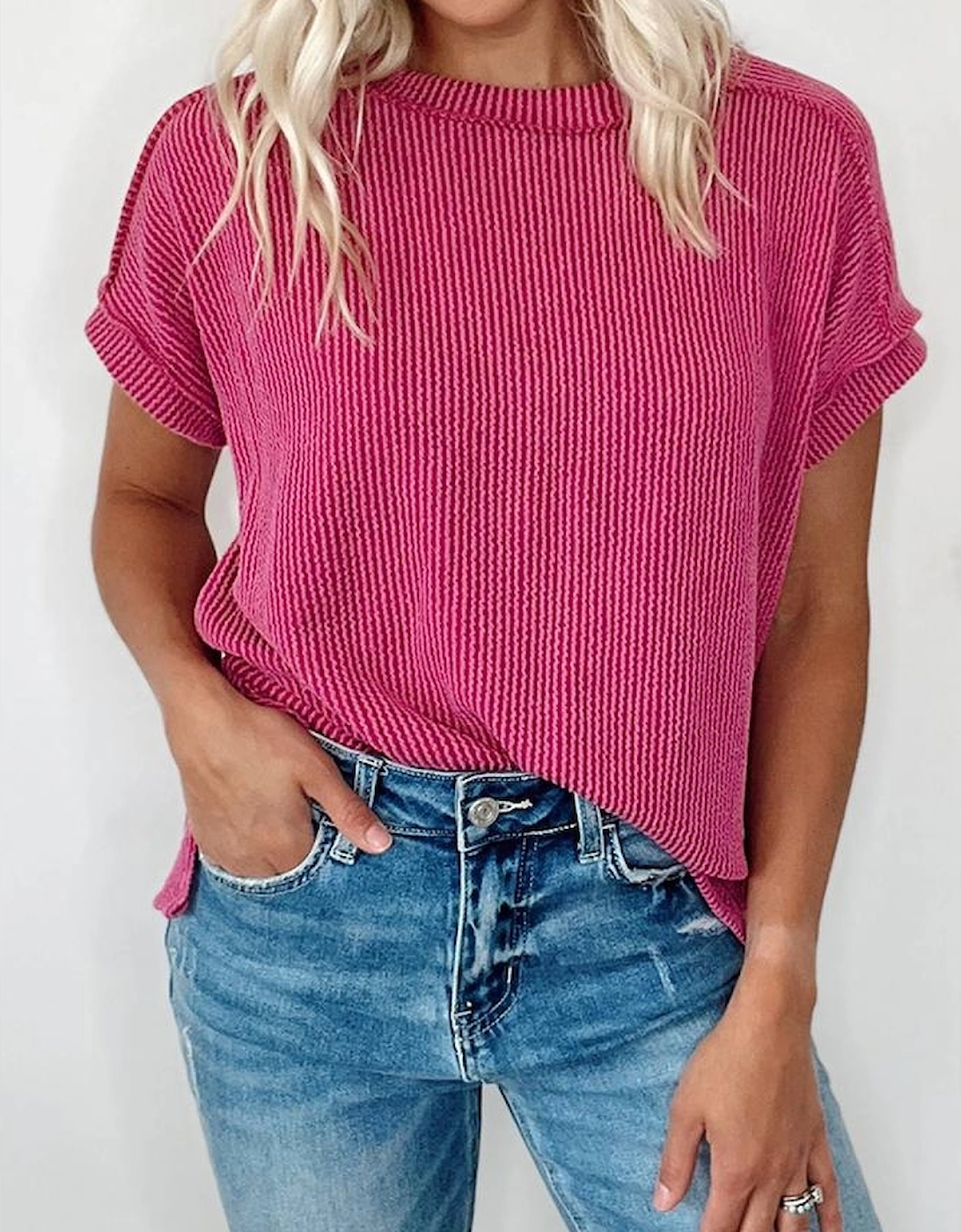 Rose Red Textured Knit Exposed Stitching T-shirt