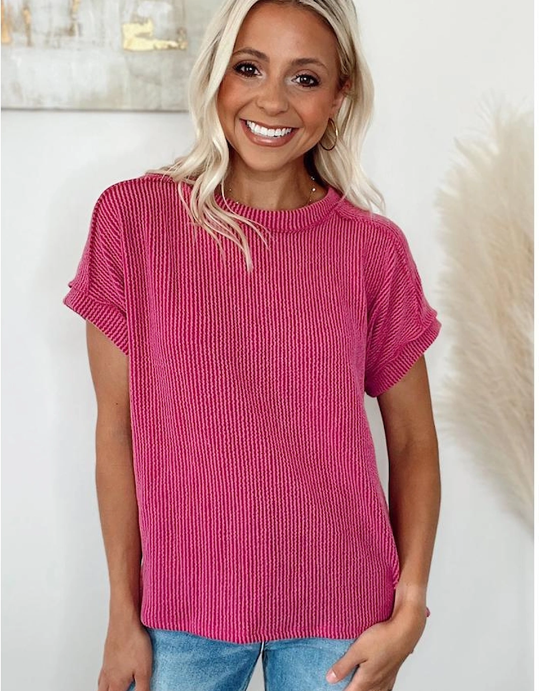 Rose Red Textured Knit Exposed Stitching T-shirt