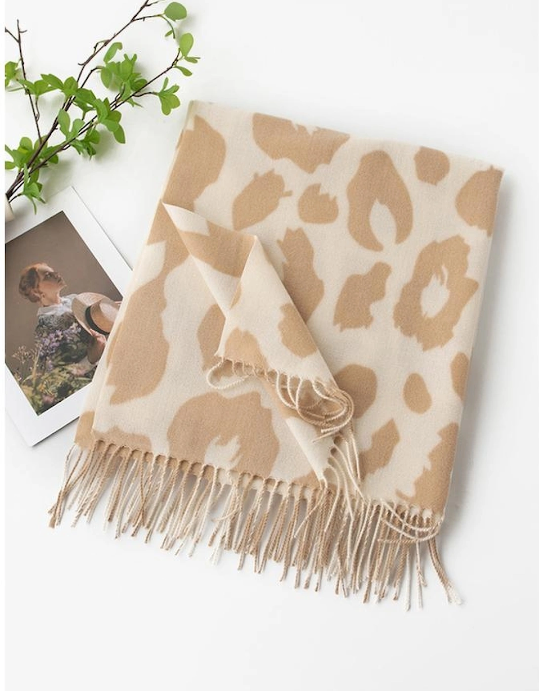 Azura Exchange Parchment Cow Print Fringed Winter Large Scarf