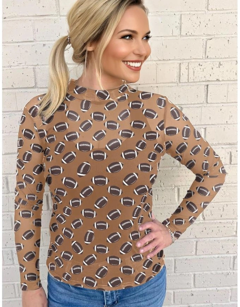 Brown Game Day Rugby Mesh Sheer Long Sleeve Top