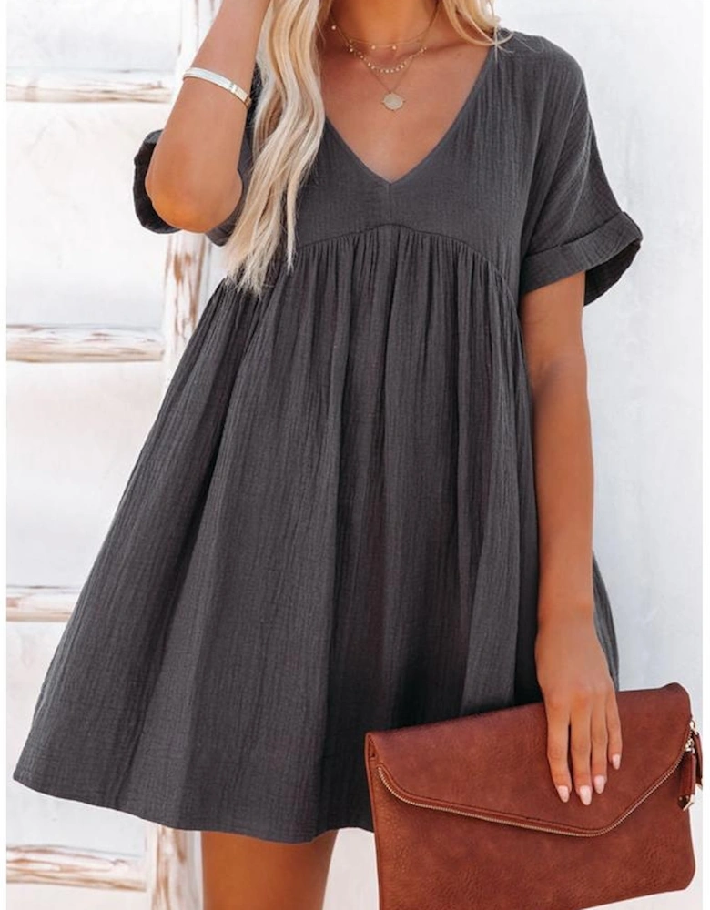 Azura Exchange Babydoll Mini Dress with V-Neck and Roll-Up Short Sleeves