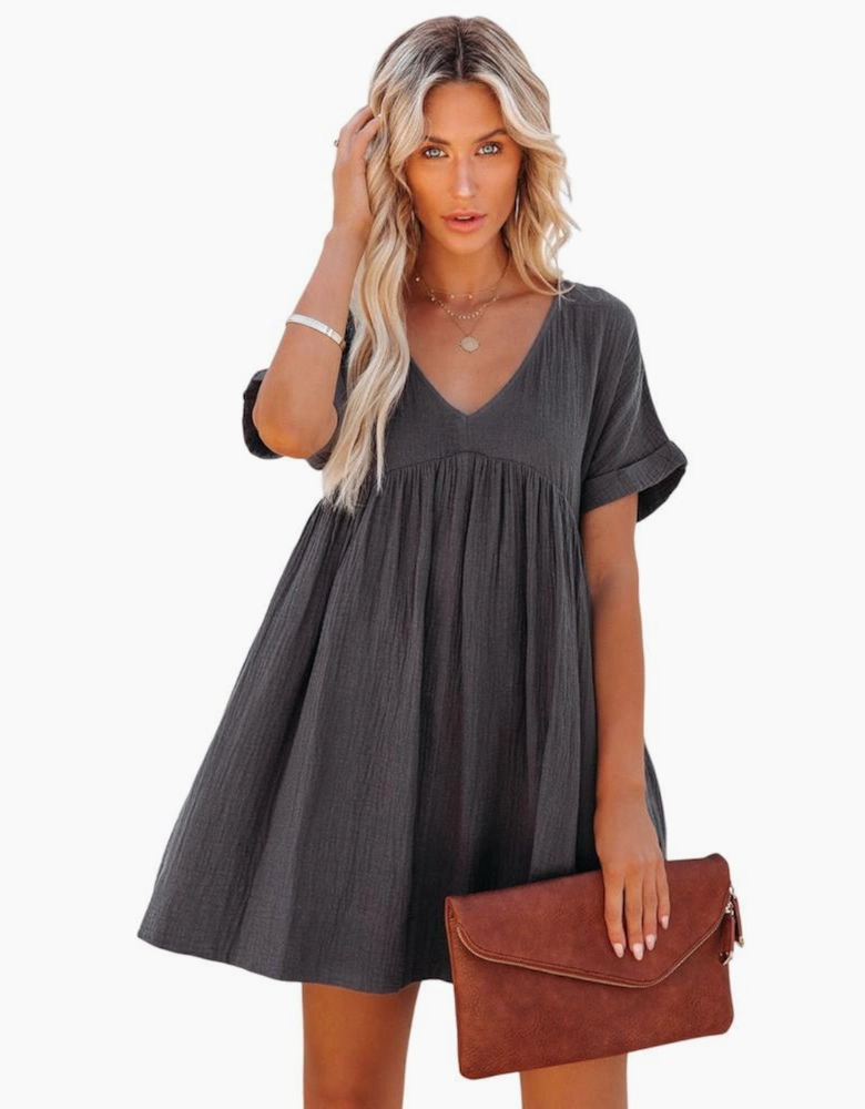 Azura Exchange Babydoll Mini Dress with V-Neck and Roll-Up Short Sleeves
