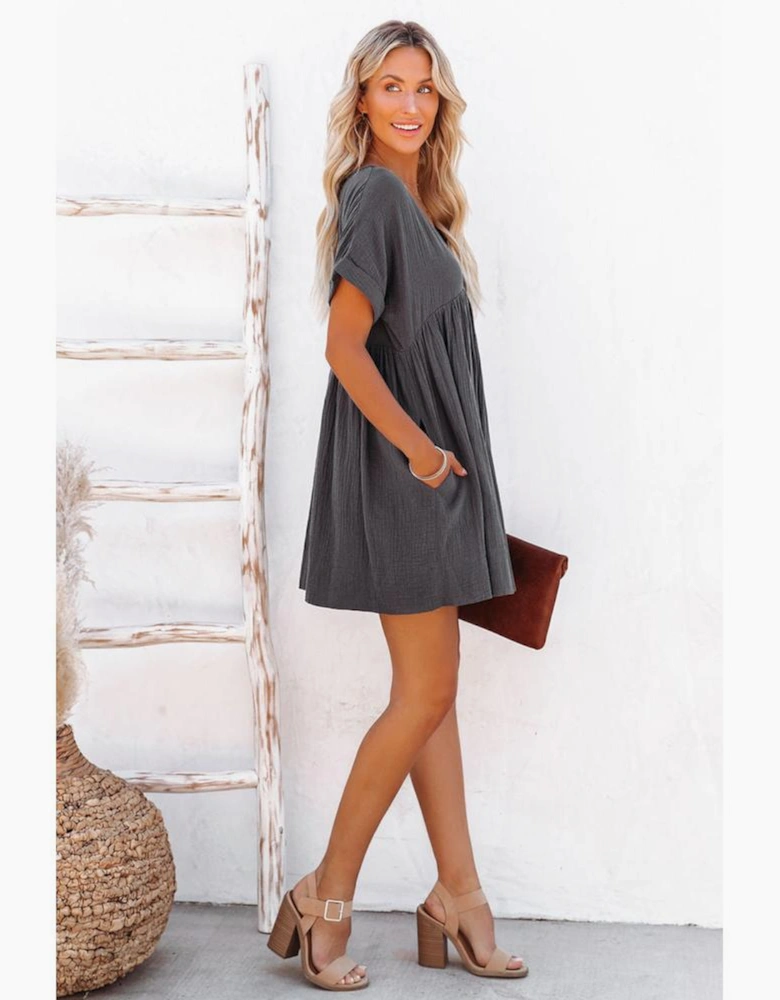 Azura Exchange Babydoll Mini Dress with V-Neck and Roll-Up Short Sleeves