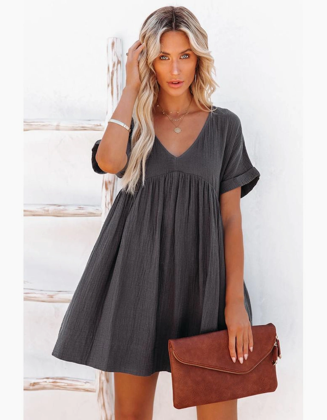 Azura Exchange Babydoll Mini Dress with V-Neck and Roll-Up Short Sleeves