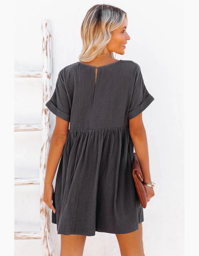 Azura Exchange Babydoll Mini Dress with V-Neck and Roll-Up Short Sleeves