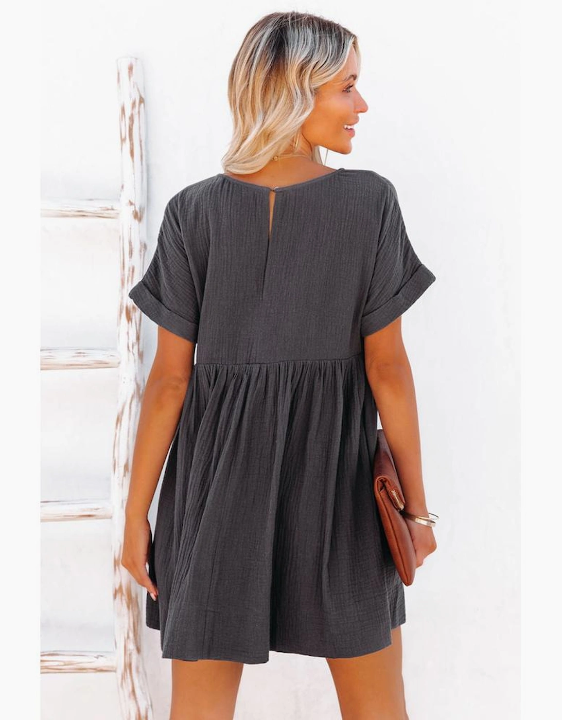 Azura Exchange Babydoll Mini Dress with V-Neck and Roll-Up Short Sleeves