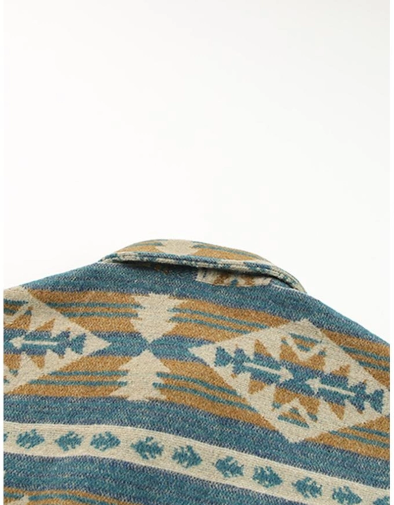 Blue Western Aztec Print Button Flap Pocket Shacket