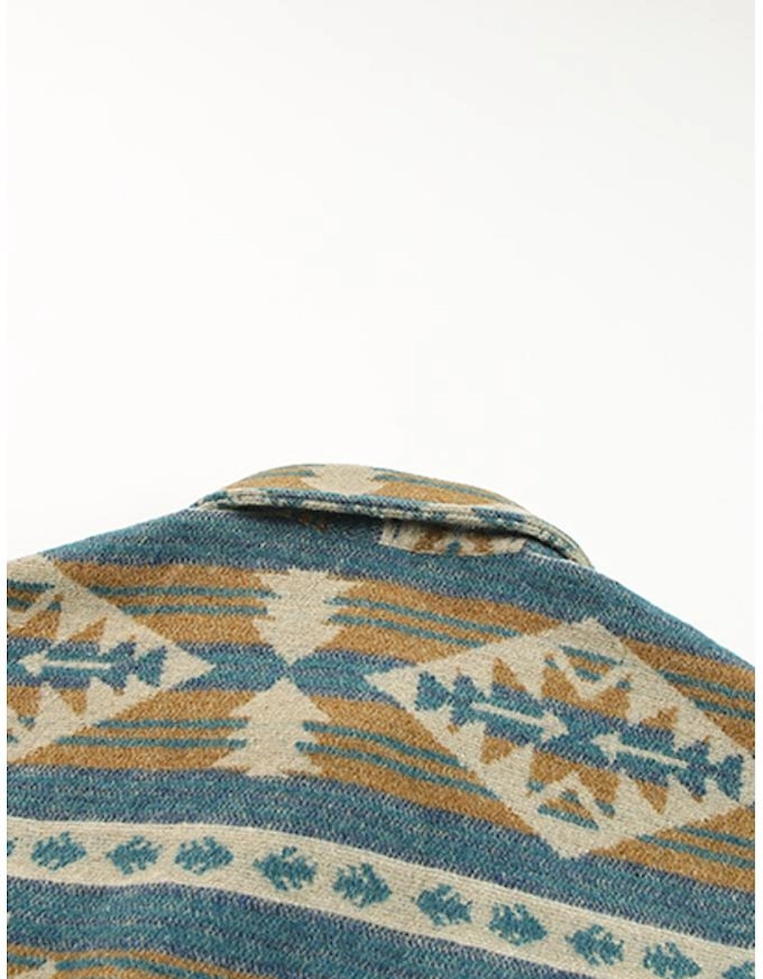 Blue Western Aztec Print Button Flap Pocket Shacket