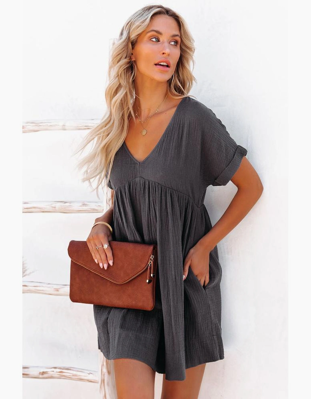 Azura Exchange Babydoll Mini Dress with V-Neck and Roll-Up Short Sleeves