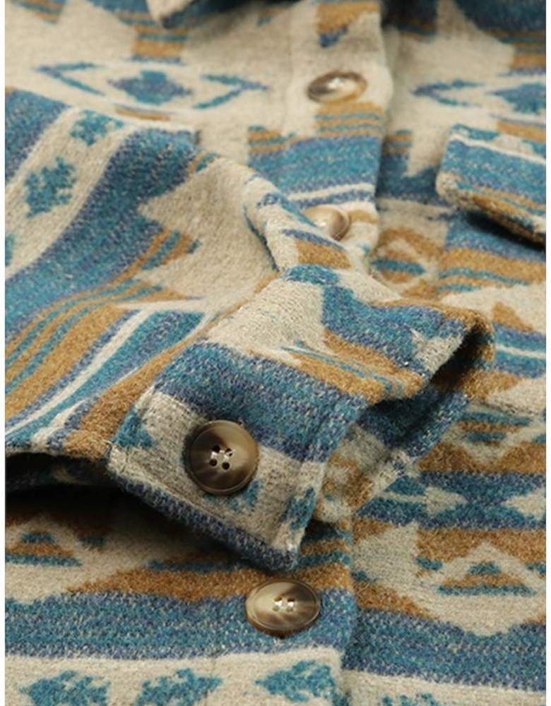 Blue Western Aztec Print Button Flap Pocket Shacket
