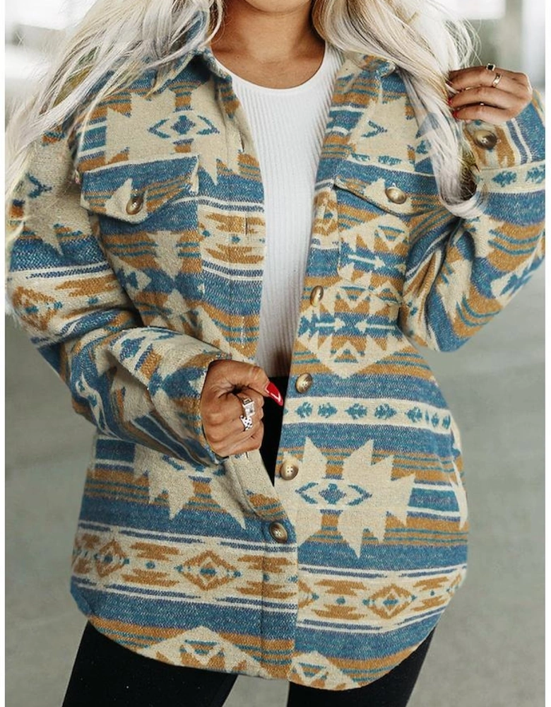 Blue Western Aztec Print Button Flap Pocket Shacket