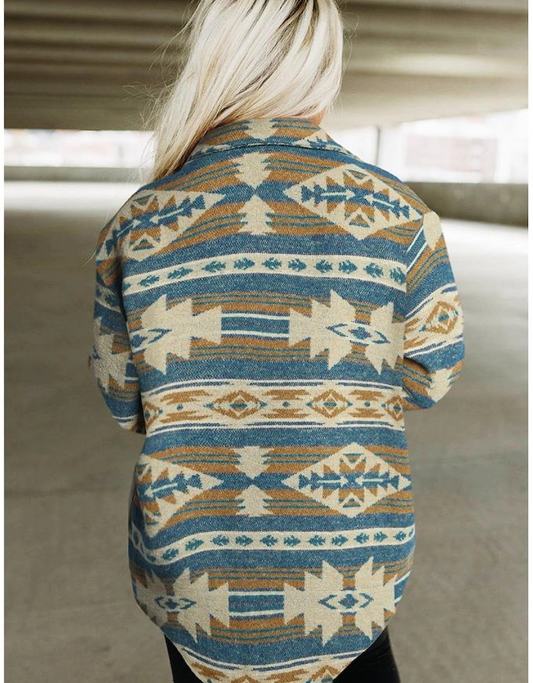 Blue Western Aztec Print Button Flap Pocket Shacket