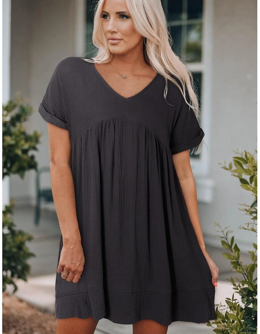 Azura Exchange Babydoll Mini Dress with V-Neck and Roll-Up Short Sleeves