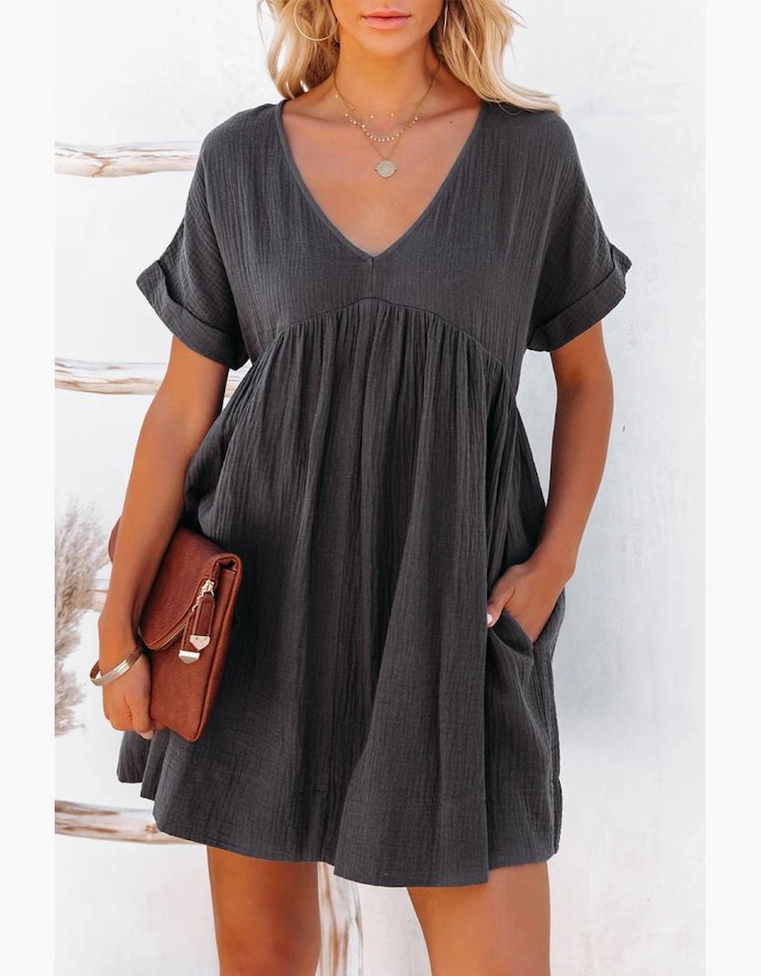 Azura Exchange Babydoll Mini Dress with V-Neck and Roll-Up Short Sleeves