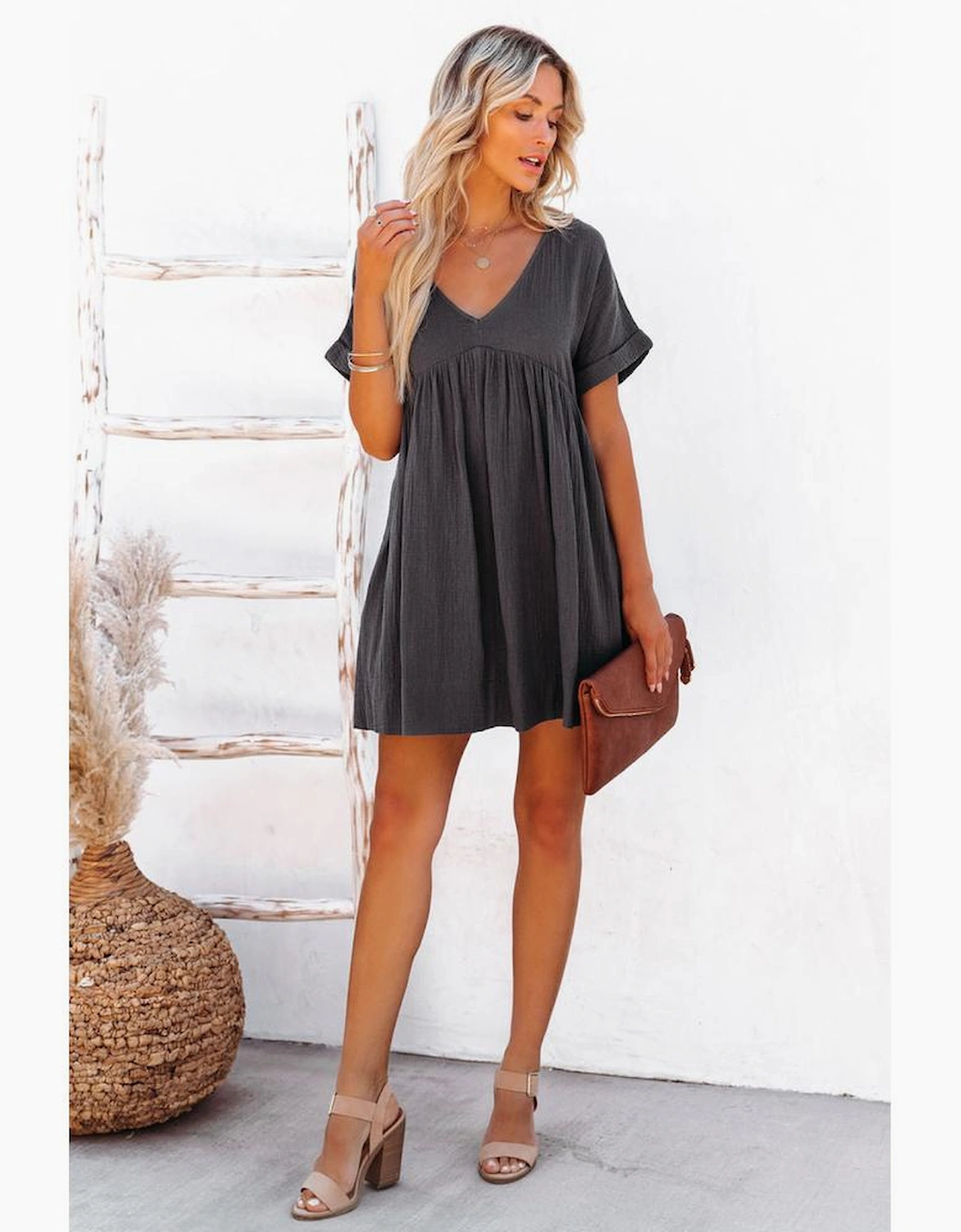 Azura Exchange Babydoll Mini Dress with V-Neck and Roll-Up Short Sleeves