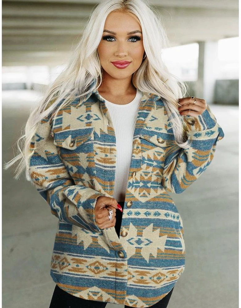 Blue Western Aztec Print Button Flap Pocket Shacket
