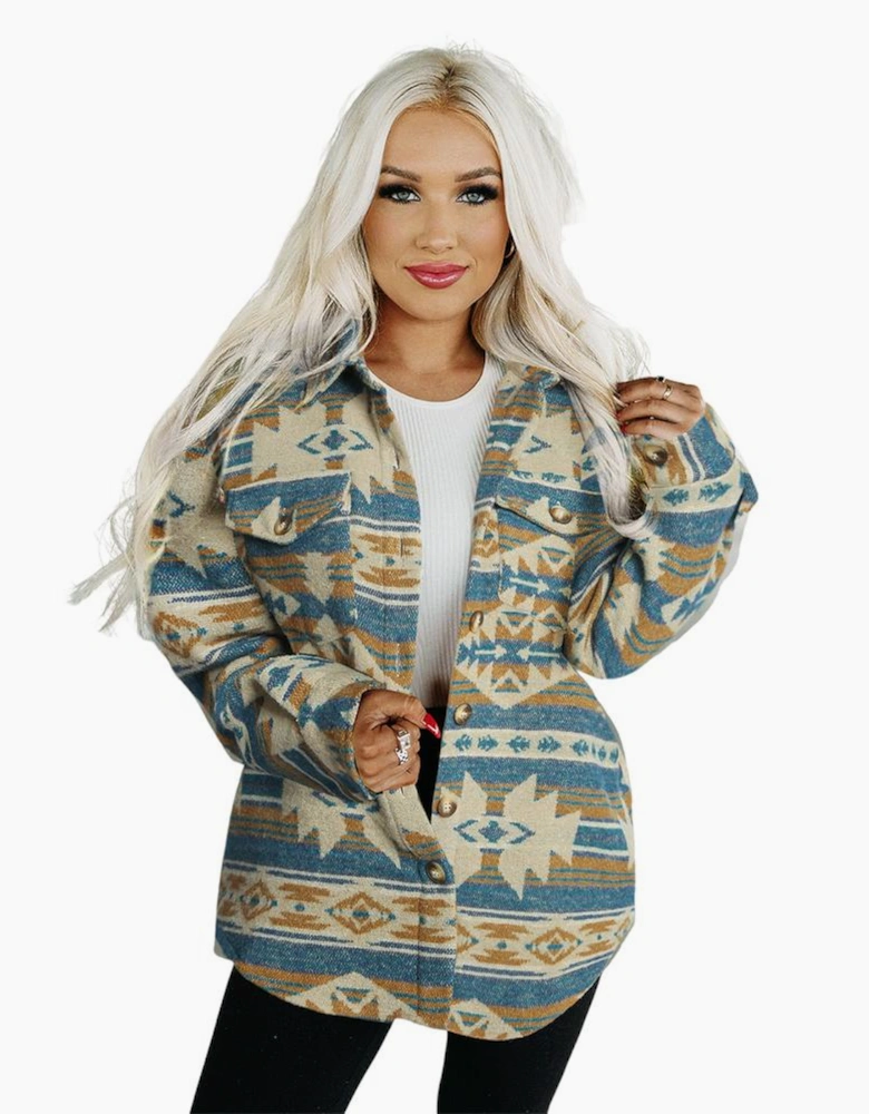 Blue Western Aztec Print Button Flap Pocket Shacket