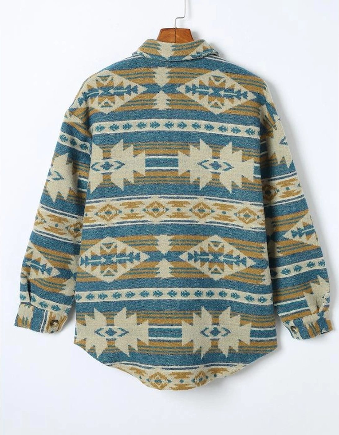 Blue Western Aztec Print Button Flap Pocket Shacket