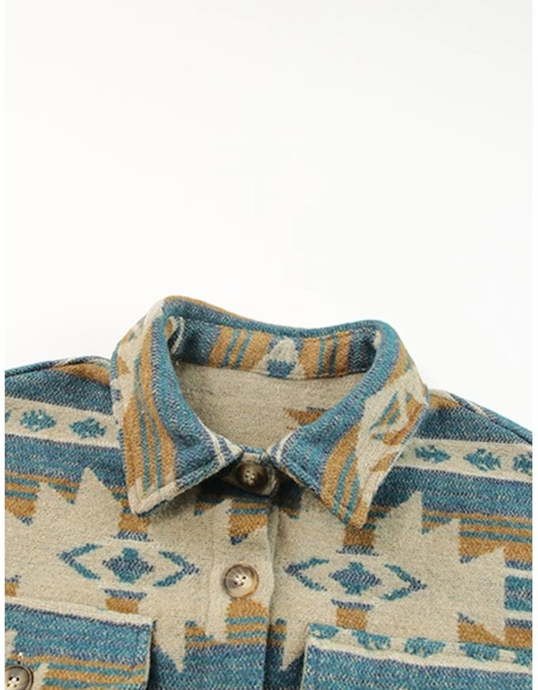 Blue Western Aztec Print Button Flap Pocket Shacket